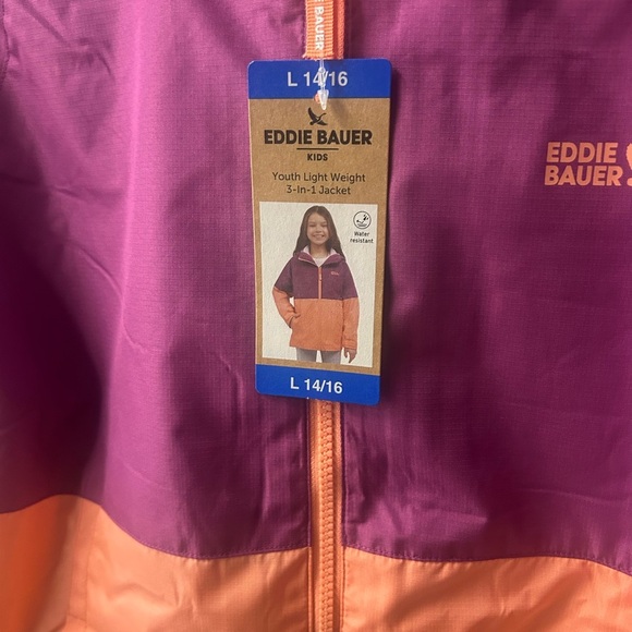 NWT Eddie Bauer Kids' Purple and Orange Raincoat 3-in-1 Jacket Sz. L 14/16 - Picture 4 of 9